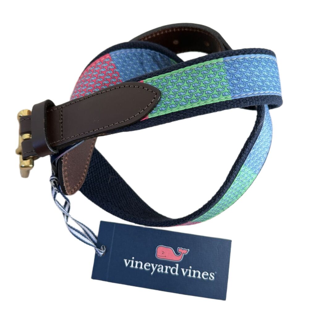 Vineyard Vines NEW Whale PatchworkPrint Fabric Belt Leather Ends Size 30 NWT